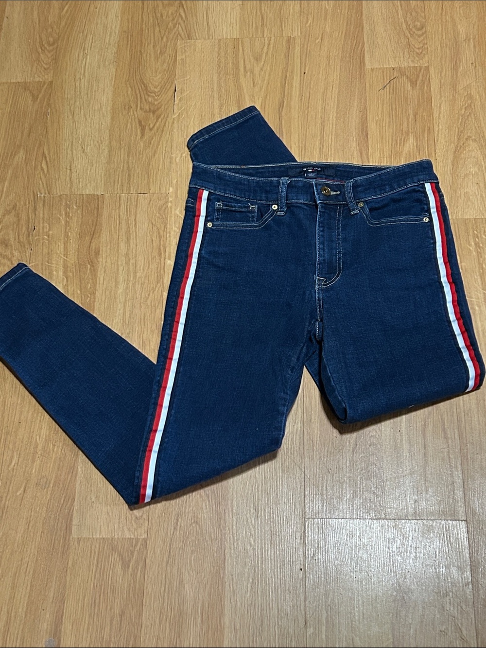 Tommy Hilfiger Dark Blue Skinny Jeans with Red & White Side Stripes Size 2 EUC